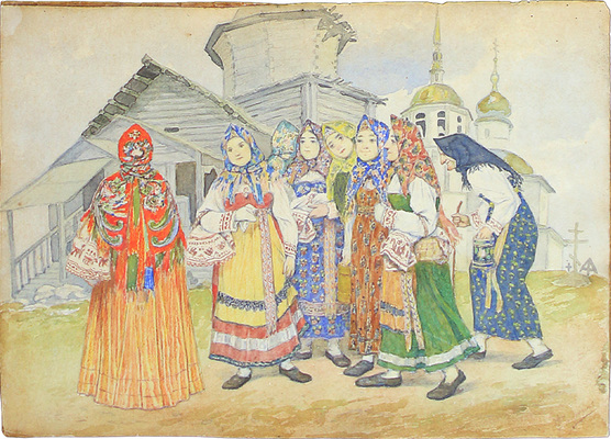 Вахрушов Феодосий Михайлович. Кокшеньгские крестьянки в праздничных одеждах около храма святого Николая 1763 г. и пророка Ильи 1777 г.